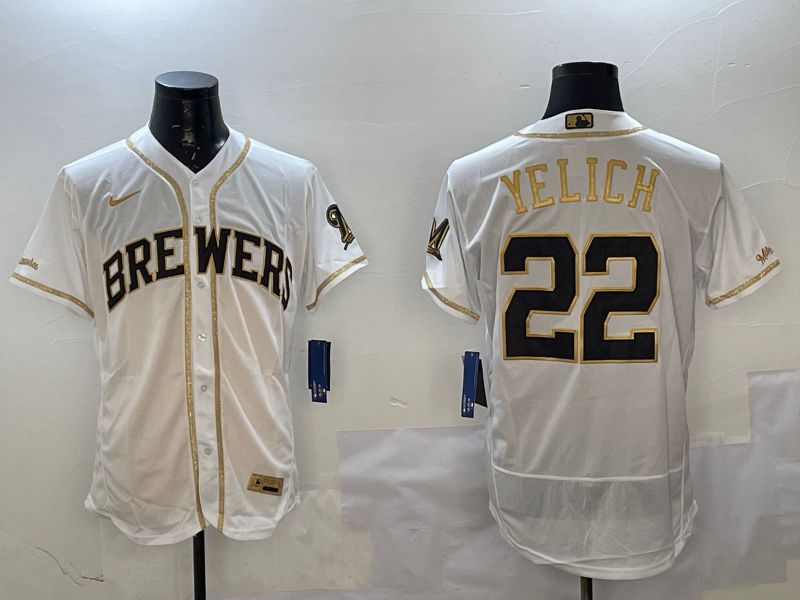 Men Milwaukee Brewers #22 Yelich White Gold Elite 2025 Nike MLB Jersey style 1->milwaukee brewers->MLB Jersey